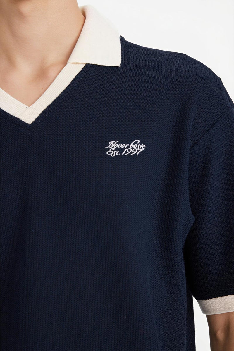 DeFacto Blue Man Boxy Fit Polo Collar Textured T-Shirt Casual - Image 4